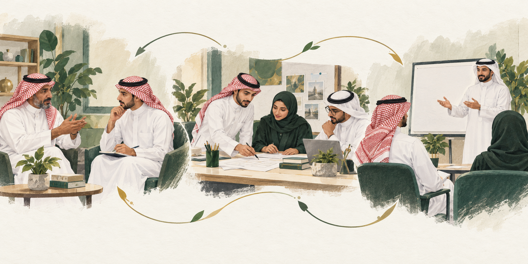 ثلاثة مشاهد مترابطة: برنامج تدريبي، تطبيق في العمل، وحوار مع زميل خبير لتحسين الممارسة
